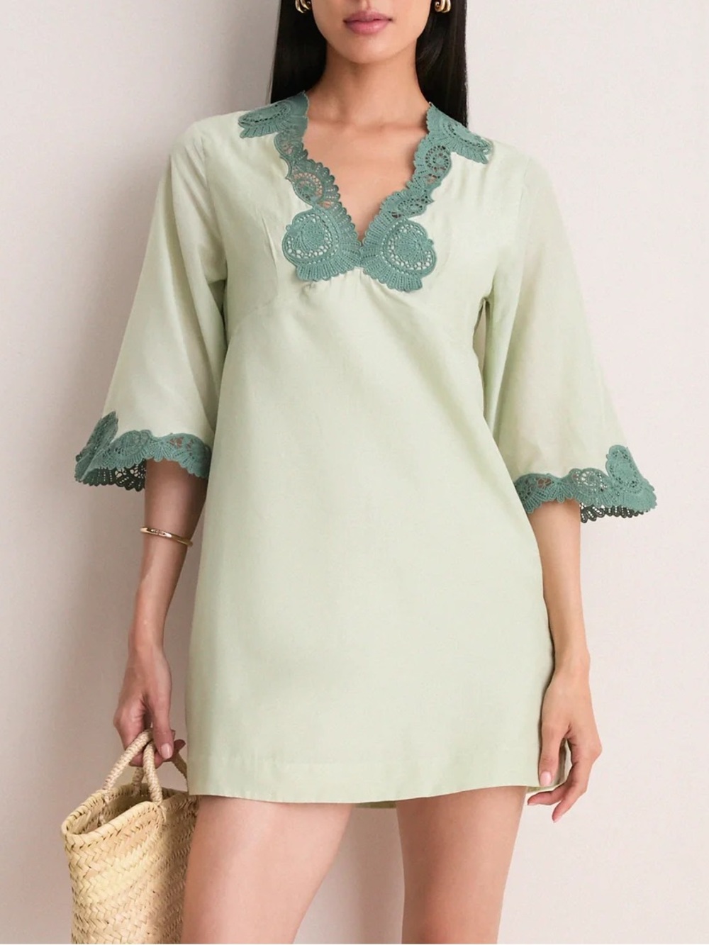 Posse Darya Mini Dress Kaftan Lace Trimmed Green Size Small